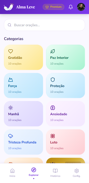 Tela de categorias de oracao do app Alma Leve.