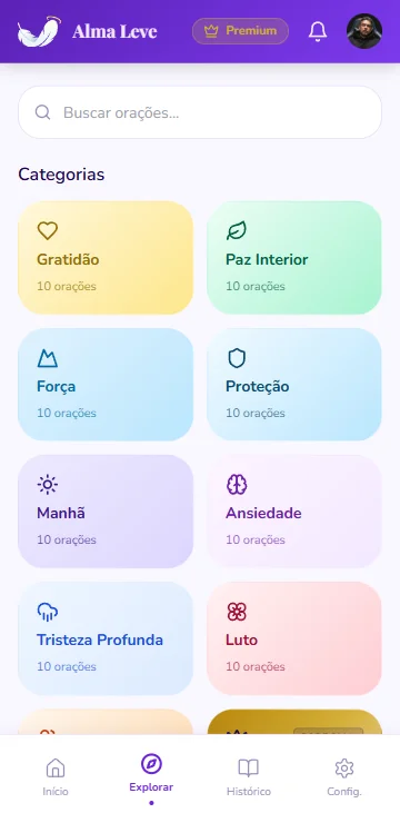 Tela de categorias de oracao do app Alma Leve.