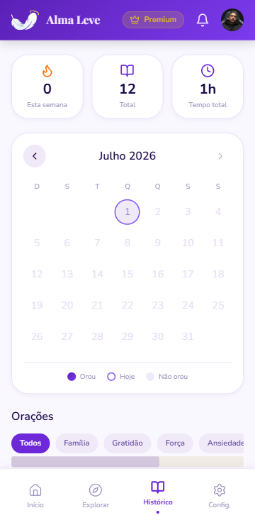 Tela de historico e progresso do app Alma Leve.