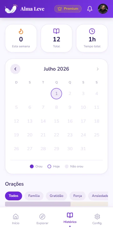 Tela de historico e progresso do app Alma Leve.