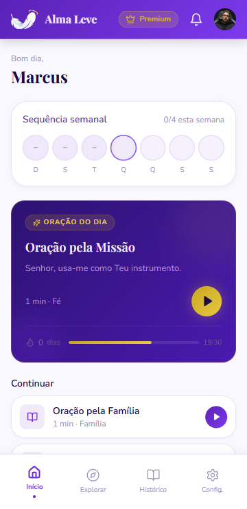 Tela inicial do app Alma Leve com oracao do dia e sequencia semanal.