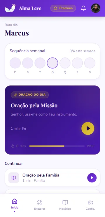Tela inicial do app Alma Leve com oracao do dia e sequencia semanal.