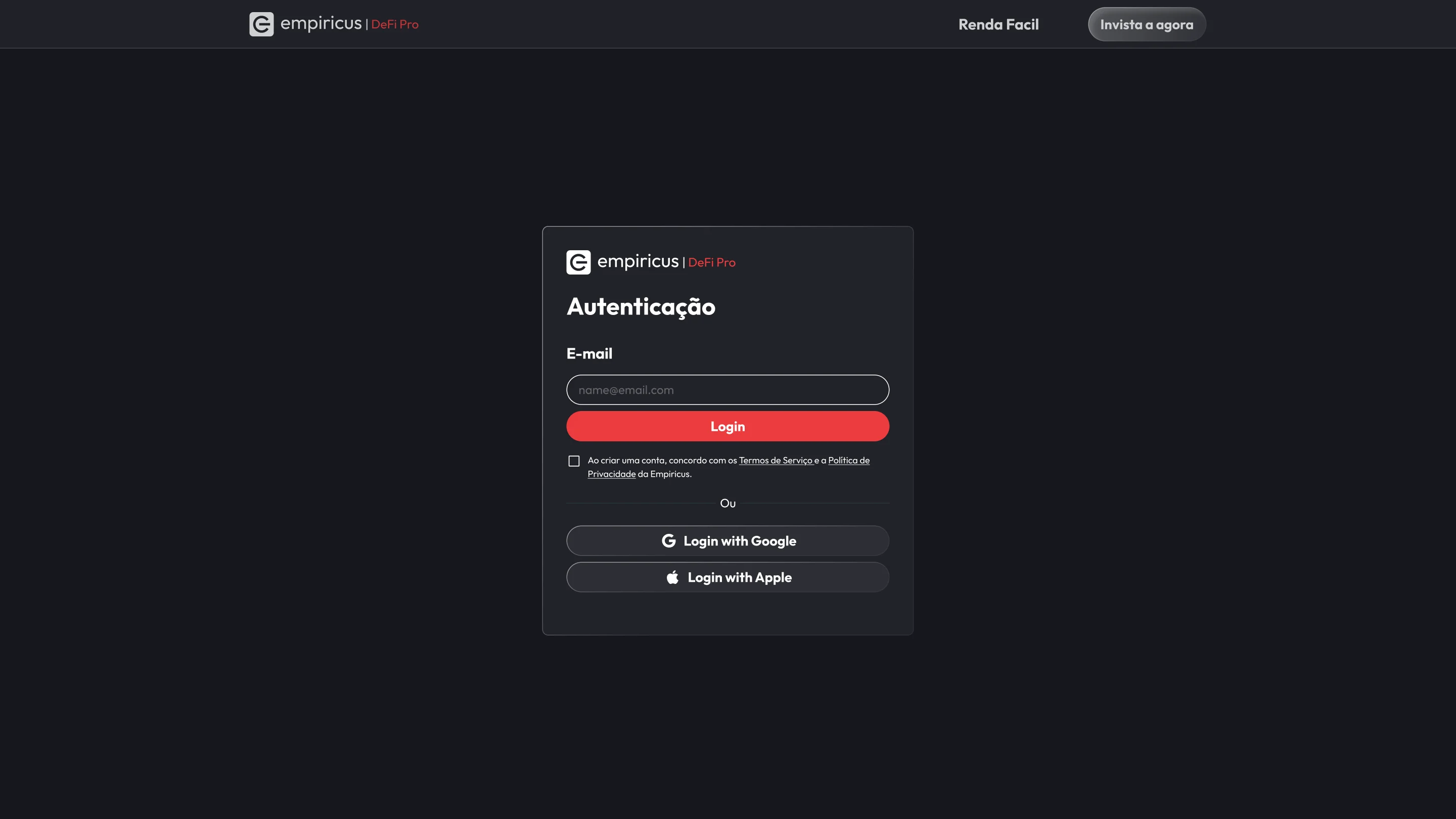 Tela de login do Empiricus DeFi Pro.